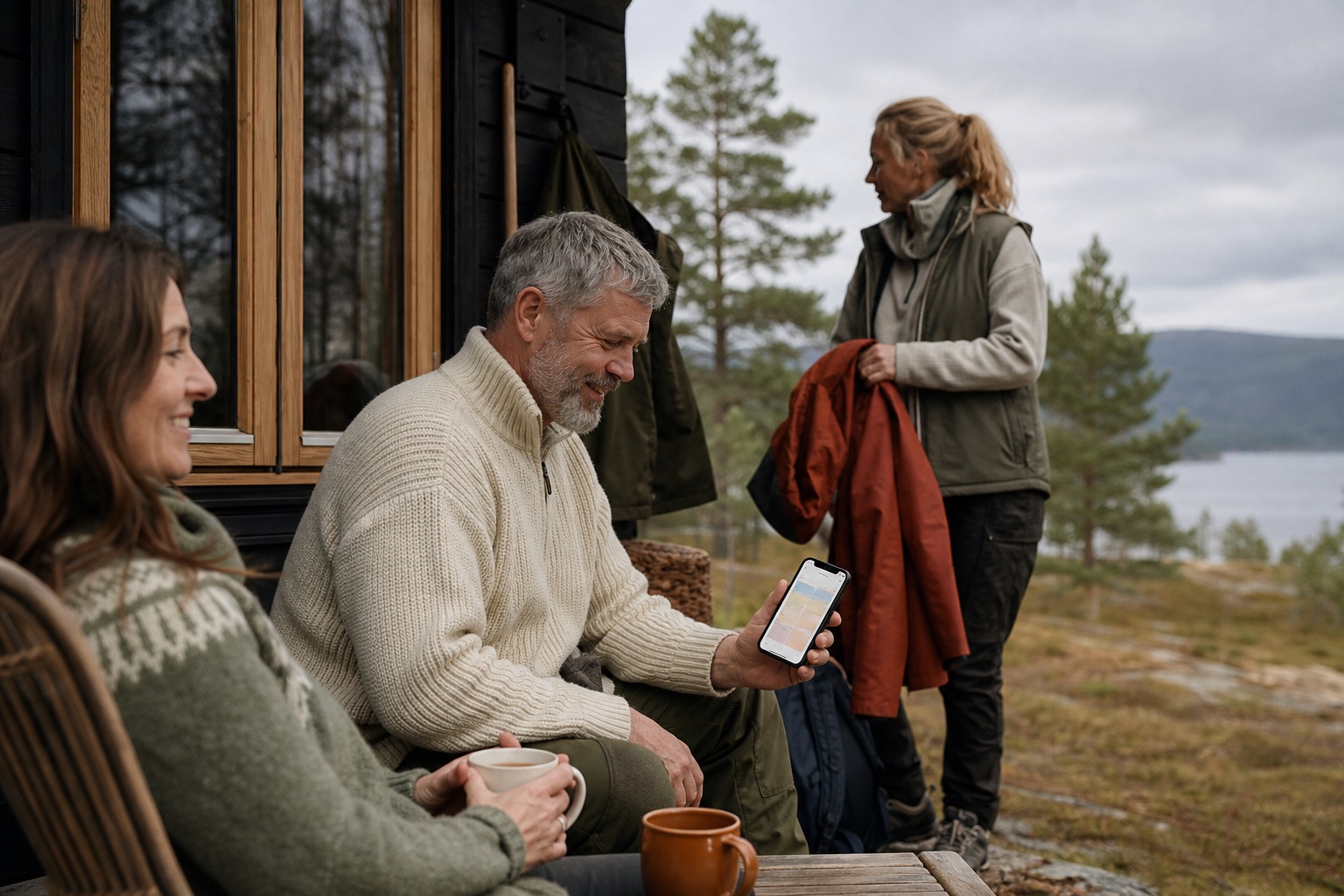 Familie samlet utenfor en hytte mens én viser kalenderen på mobilen